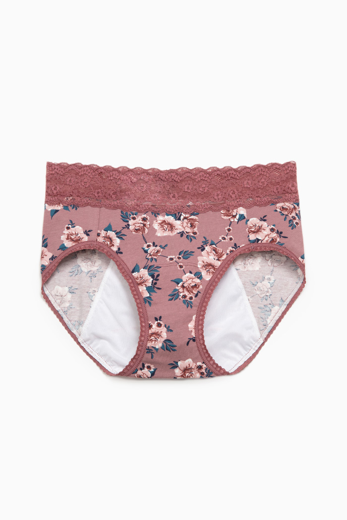 Florence．High Rise Cotton Lace Waist Period Brief Panty(Rose Pattern)