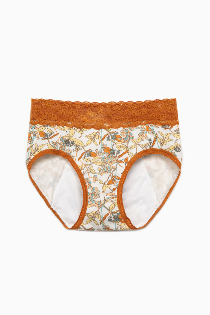 Florence．High Rise Cotton Lace Waist Period Brief Panty(Rose Pattern)