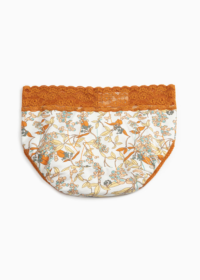 Florence．Mid Rise Cotton Lace Waist Period Brief Panty(Flowers Blossom Pattern)