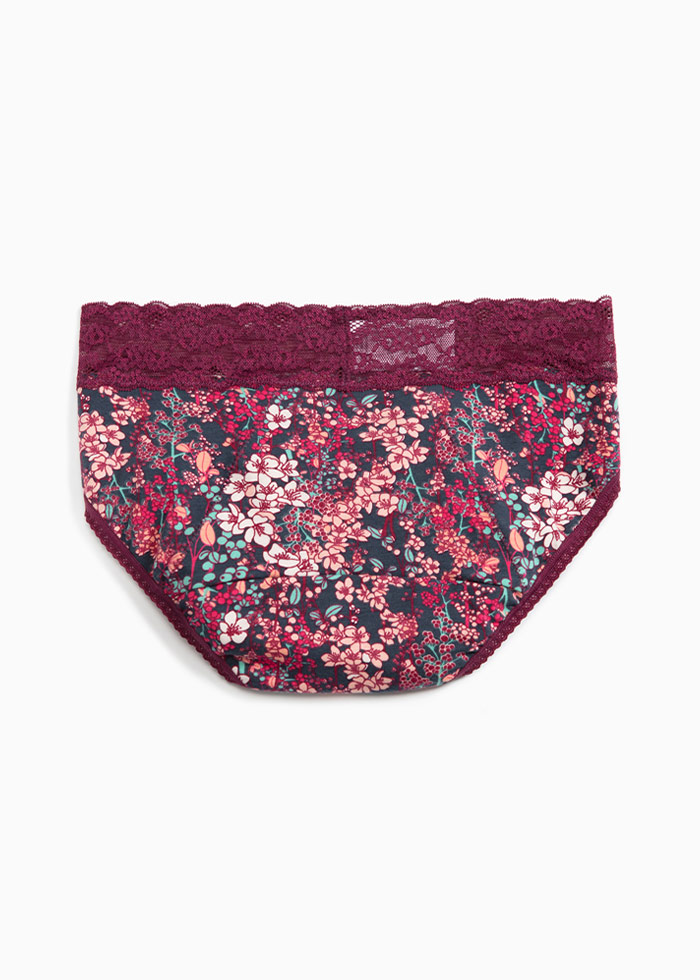 Florence．Mid Rise Cotton Lace Waist Period Brief Panty(Flowers Blossom Pattern)