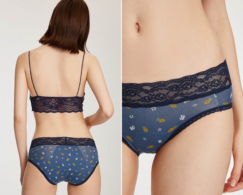 Fruit Punch．Mid Rise Cotton Lace Waist Period Brief Panty(Pineapple Embroidery)
