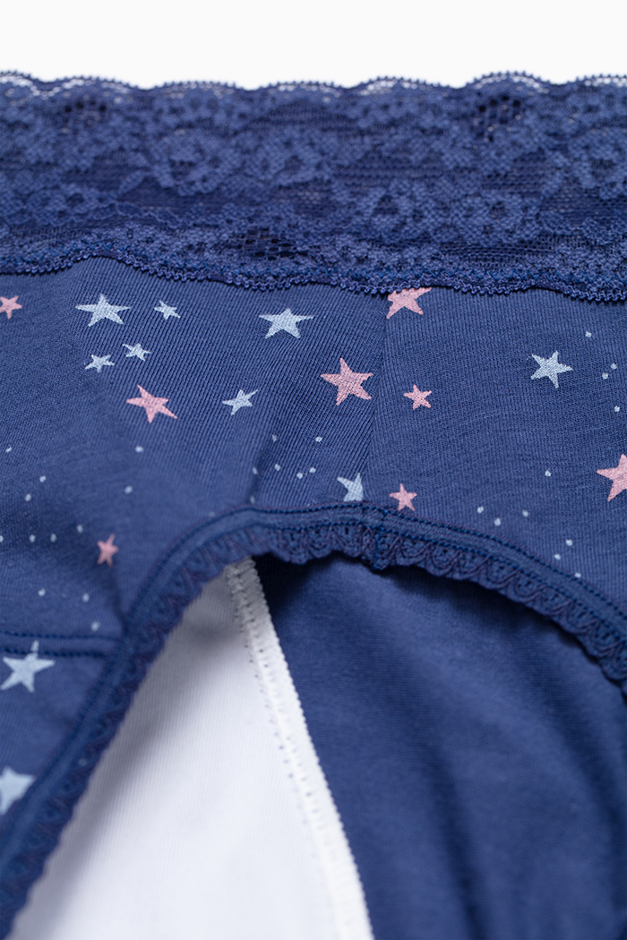 Milky Way．High Rise Cotton Lace Waist Period Brief Panty(Lunar Eclipse Pattern)
