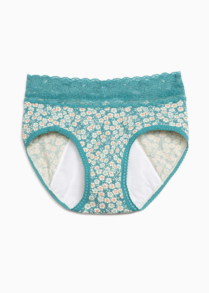 Peony in Love．High Rise Cotton Lace Waist Period Brief Panty(Plum Blossom Pattern)