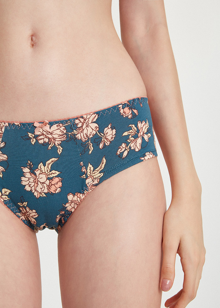 Dream Back．Mid Rise Cotton Floral Lace Back Hipster Panty(Peony Pattern)