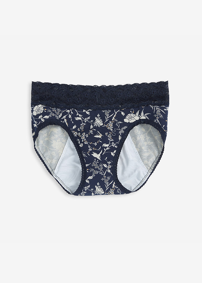 Bliss．Mid Rise Cotton Lace Waist Period Brief Panty(Dark Sapphire)