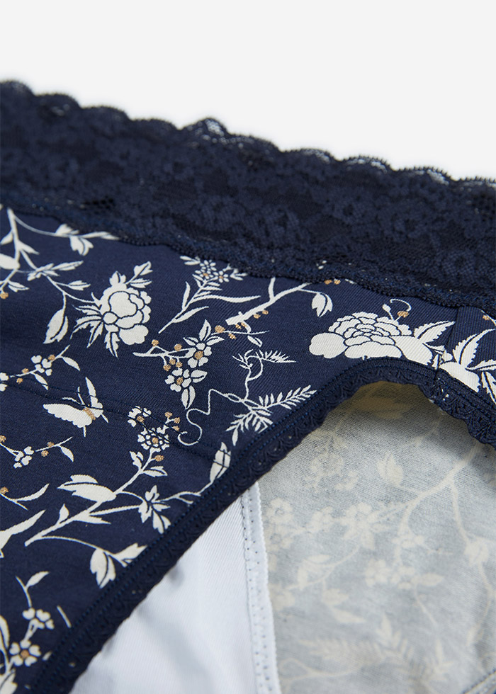 Bliss．Mid Rise Cotton Lace Waist Period Brief Panty(Dark Sapphire)