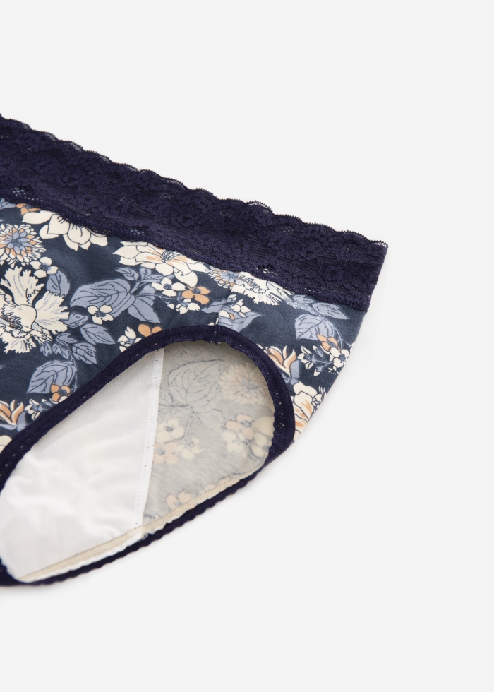 Floriography．High Rise Cotton Lace Waist Period Brief Panty(Flower Leaves Pattern)