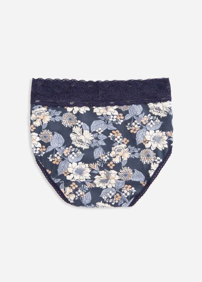 Floriography．High Rise Cotton Lace Waist Period Brief Panty(Flower Leaves Pattern)