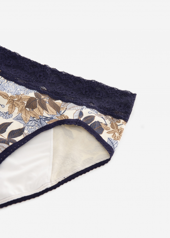 Floriography．Mid Rise Cotton Lace Waist Period Brief Panty(Flower Leaves Pattern)