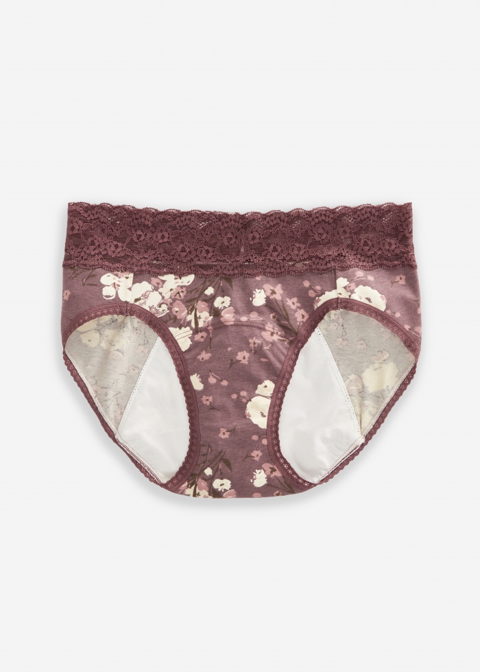 Floriography．Mid Rise Cotton Lace Waist Period Brief Panty(Flower Leaves Pattern)