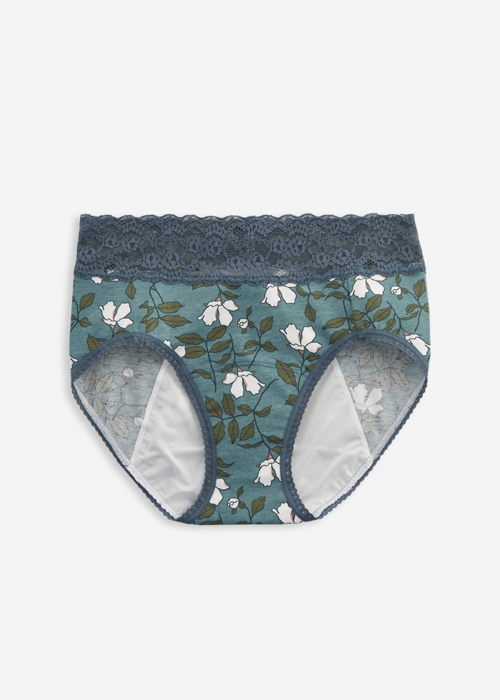 Flower Mail．High Rise Cotton Lace Waist Period Brief Panty(Azalea Pattern)
