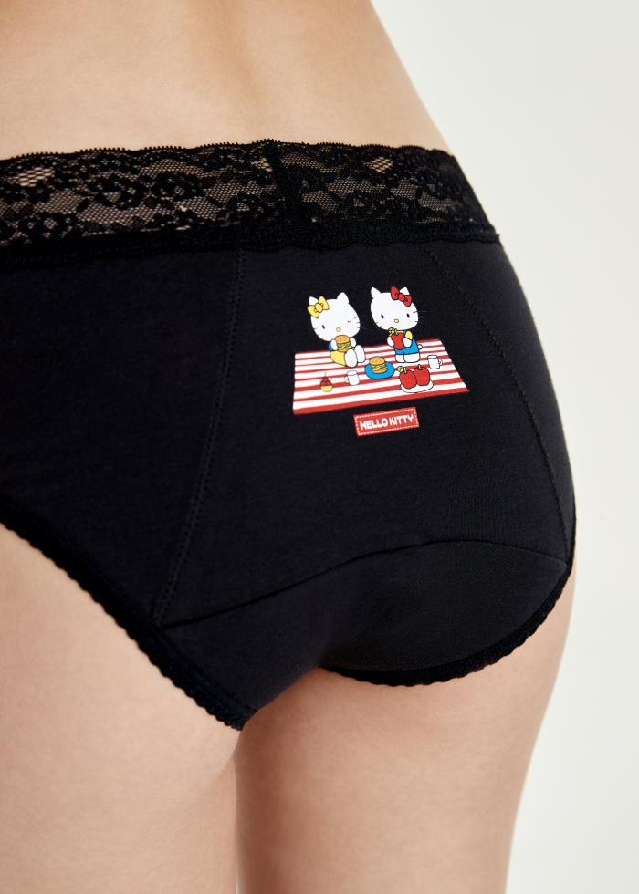 Hello Kitty系列．蕾絲中腰生理褲(黑-漢堡野餐)