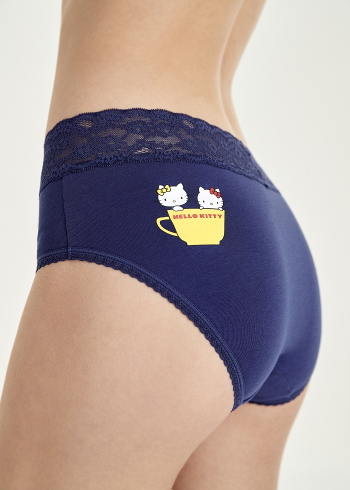 Hello Kitty午茶系列．窄版V蕾絲高腰三角內褲(靛藍-咖啡杯)
