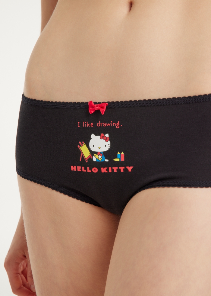 Hello Kitty系列．花邊高腰三角內褲(黑-畫畫)