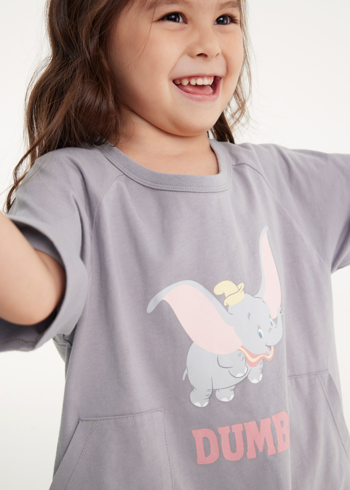女童連身_迪士尼系列．拉格蘭五分袖口袋睡衣(雲朵灰-Dumbo)