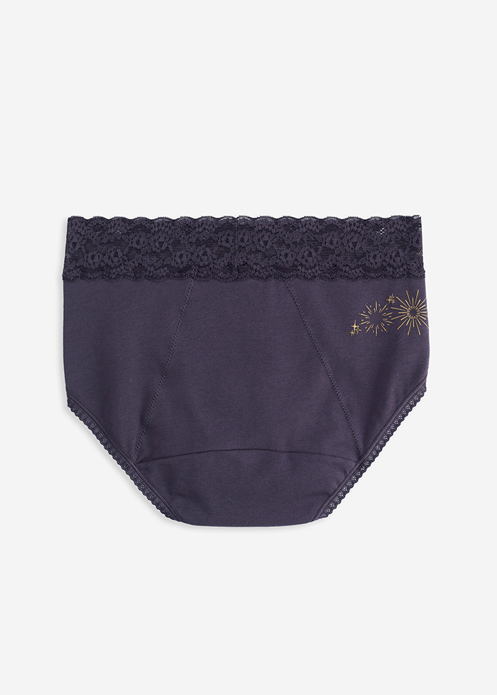 Make a Wish．Mid Rise Cotton Lace Waist Period Brief Panty(Flying Crane Pattern)