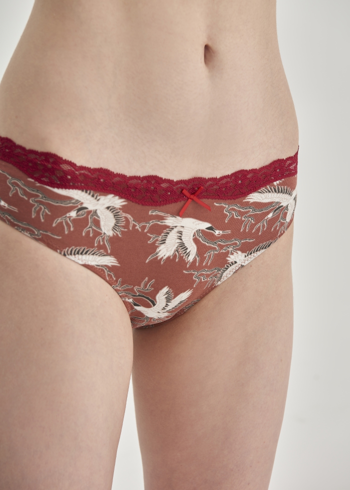 Wishes Come True．Mid Rise Cotton Lace Detail Hipster Panty(Flying Crane Pattern)