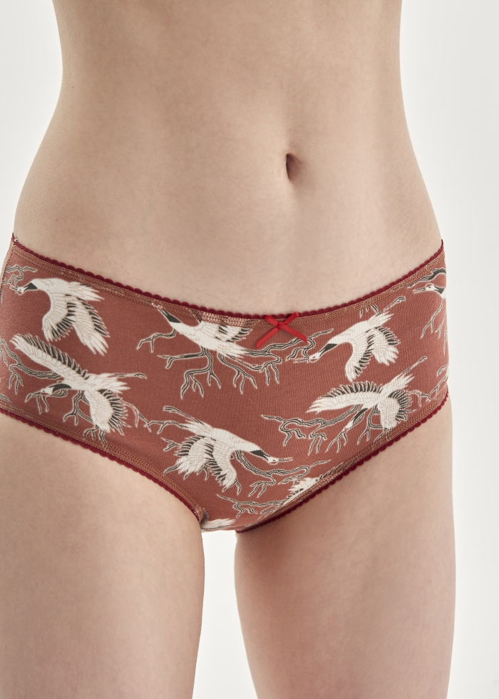 Hygiene Series．High Rise Cotton Picot Elastic Brief Panty(Flying Crane Pattern)