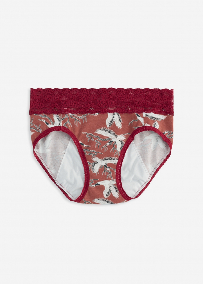 Make a Wish．Mid Rise Cotton Lace Waist Period Brief Panty（Flying Crane Pattern）