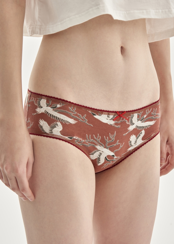 Hygiene Series．Mid Rise Cotton Picot Elastic Brief Panty(Flying Crane Pattern)