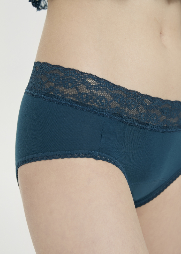 Sleep Tight．High Rise Cotton Lace Waist Menstrual Brief Panty(Reflecting Pond)