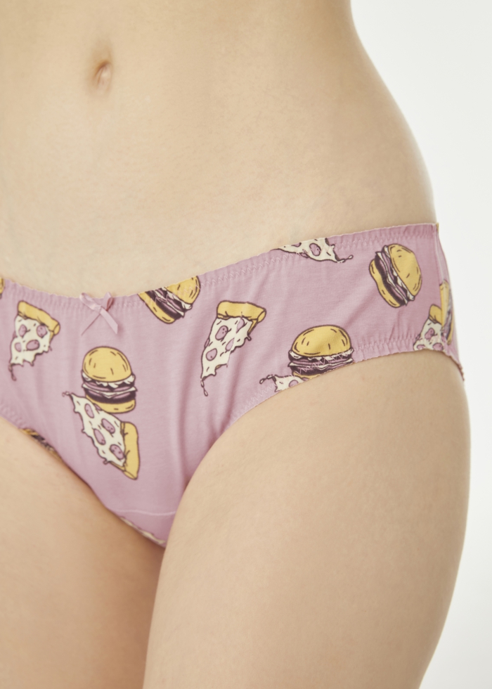Hygiene Series．Mid Rise Cotton Ruffled Brief Panty(Burger&Pizza Pattern)