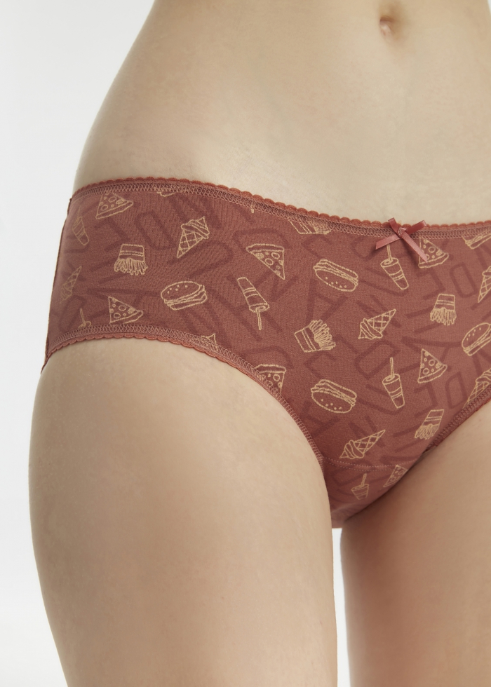 Pleasure of Eating．Mid Rise Cotton Picot Elastic Brief Panty(Fast Food Pattern)