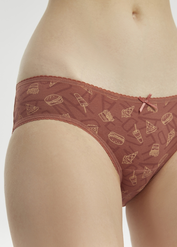 Pleasure of Eating．Low Rise Cotton Picot Elastic Brief Panty(Burger&Pizza Pattern)