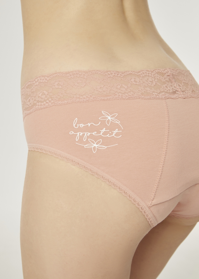 Enjoyment of Food．Mid Rise Cotton Lace Waist Period Brief Panty(Burger&Pizza Pattern)