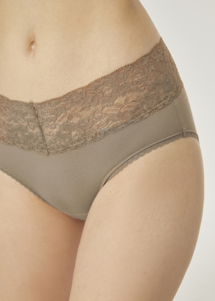 LUXE Series．Mid Rise Modal V Lace Waist Brief Panty(Silver Sage)