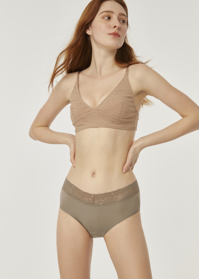 LUXE Series．High Rise Modal V Lace Waist Brief Panty（Light Taupe）