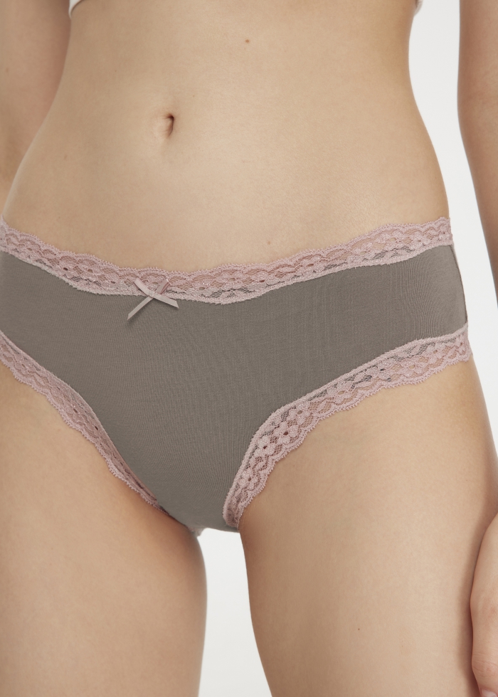 Hygiene Series．Mid Rise Cotton Lace Trim Hipster Panty(Brushed Nickel)