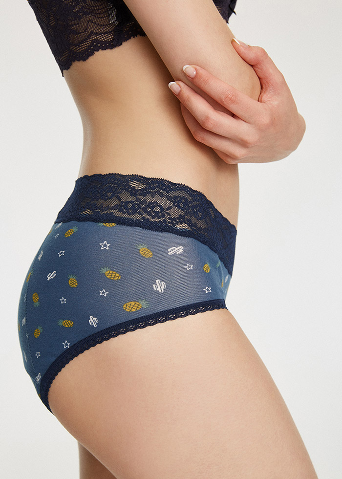 Fruit Punch．High Rise Cotton Lace Waist Period Brief Panty(Palm Leaves Pattern)