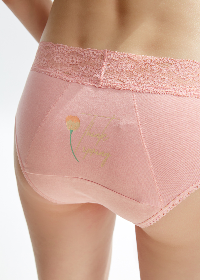 Spring．Mid Rise Cotton Lace Waist Period Brief Panty(Bridal Rose)