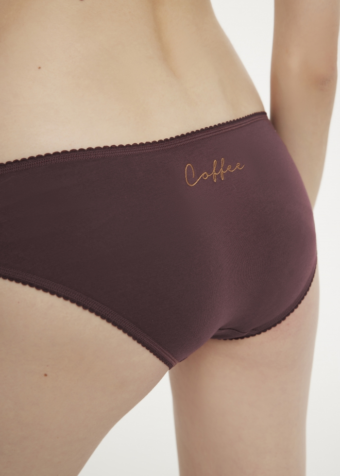 Midnight Paris．Low Rise Cotton Picot Elastic Brief Panty(Embroidery Coffee)
