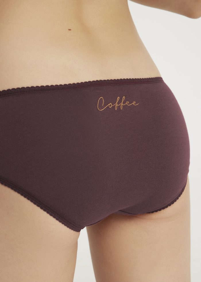 Midnight Paris．Mid Rise Cotton Picot Elastic Brief Panty(Embroidery Coffee)
