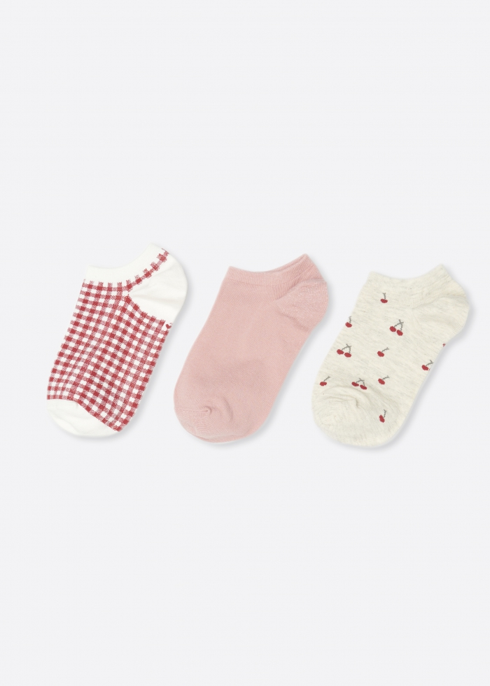 (3-Pack) Cherry Pie．Women Low Cut Ankle Socks（Pink/Cherry/Red Plaid）