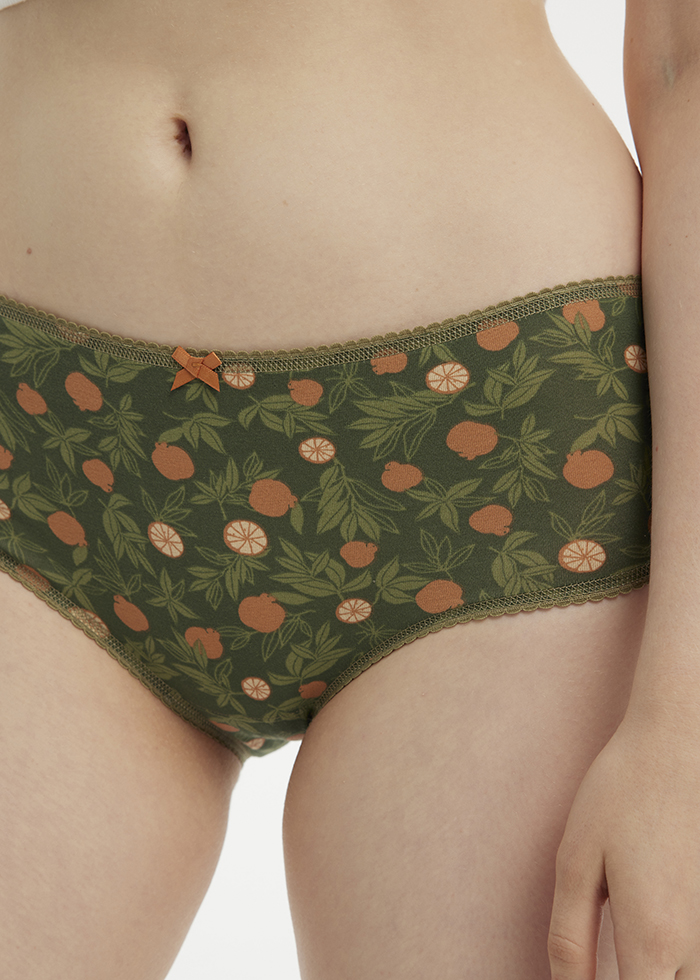 Hygiene Series．High Rise Cotton Picot Elastic Brief Panty(Orange Tree Pattern)