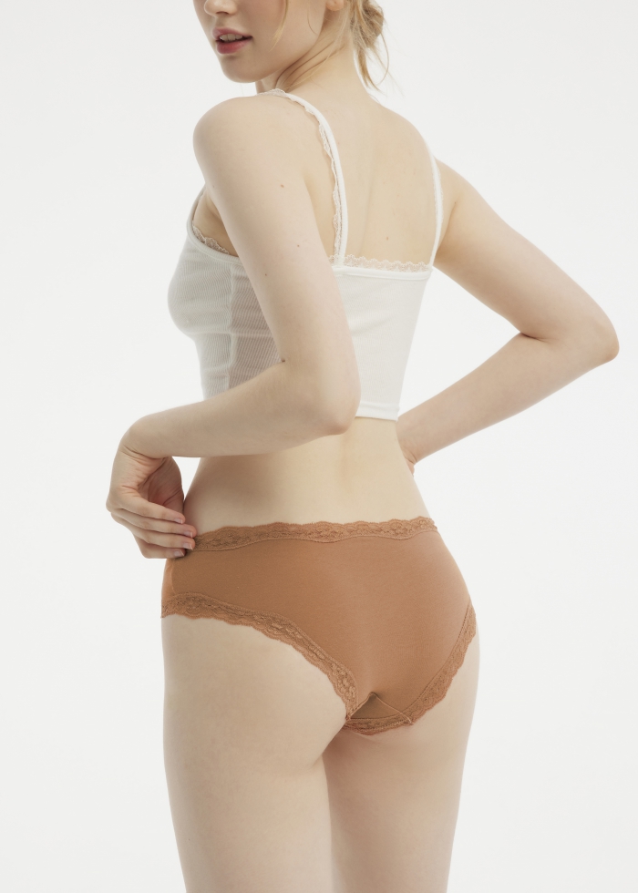 Hygiene Series．Mid Rise Cotton Lace Trim Hipster Panty(Orange Daylily Pattern)