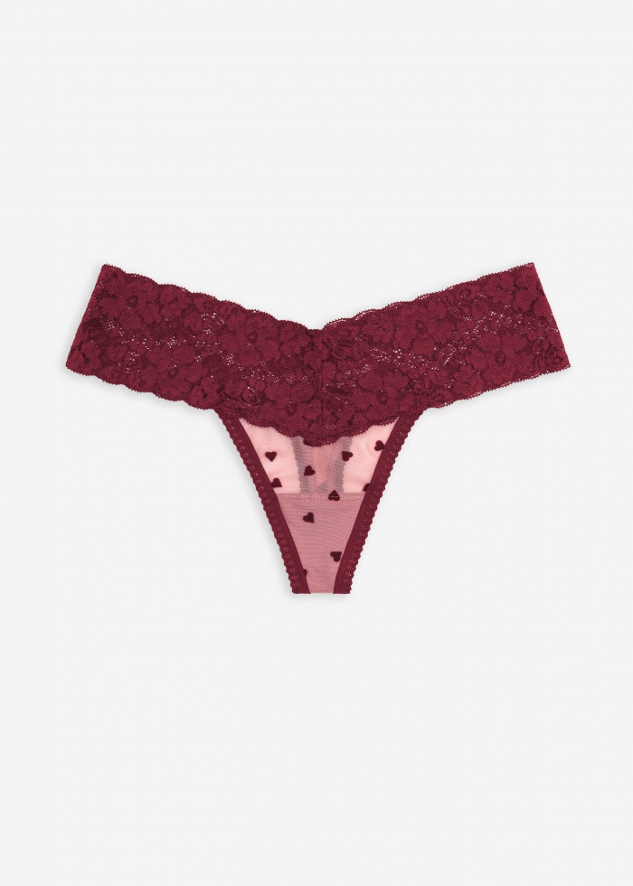 Valentine．Low Rise Mesh V Lace Waist Thong Panty（Flock Heart Pattern）