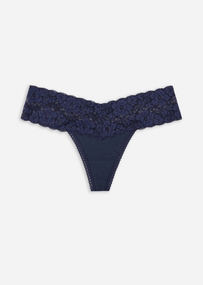 Classic．Low Rise Cotton V Lace Waist Thong Panty（深藍）