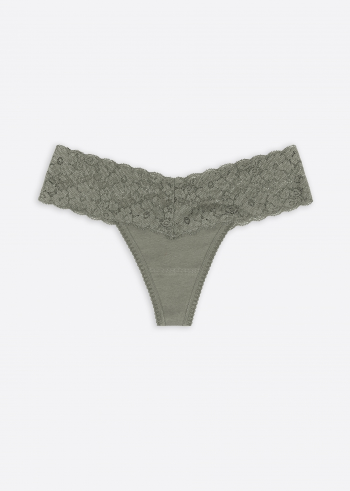 Taiwan Select．Low Rise Cotton V Lace Waist Thong Panty（Vetiver）