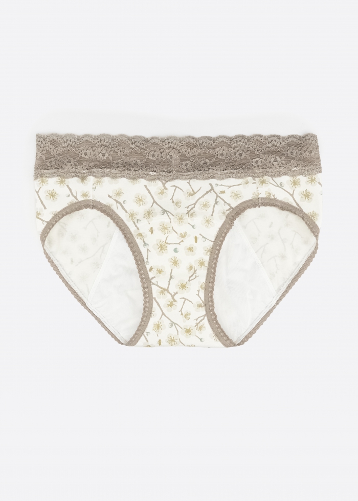 Love Taiwan．Mid Rise Cotton Lace Waist Period Brief Panty（Plum Blossom with Bees Pattern）