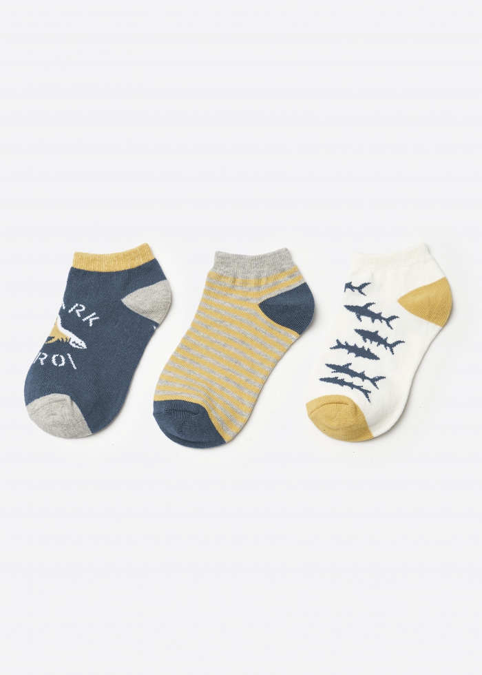 (3-Pack) Blue Ocean．Boys Ankle Socks（Stripes/Silhouettes/Shark）
