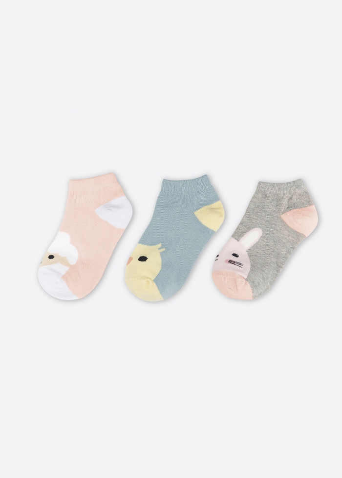 (3-Pack) Animal Park．Girls Ankle Socks(Sheep/Rabbit/Chicken)