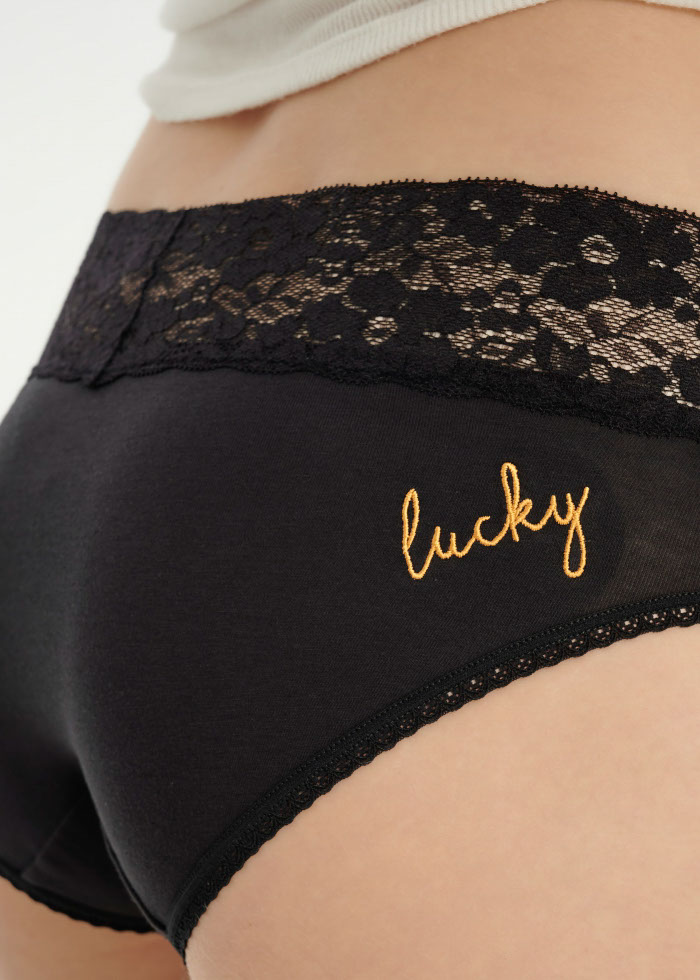 Hygiene Series．Mid Rise Cotton V Lace Waist Brief Panty(Lucky Embroidery)