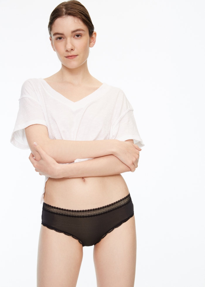Cool Series．Mid Rise Cool Lace Trim Hipster Panty（Black）