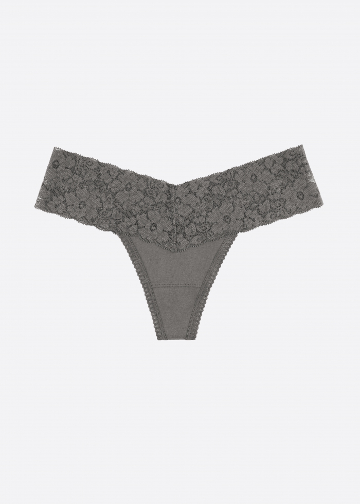 Classic．Low Rise Cotton V Lace Waist Thong Panty（​Smoked Pearl）