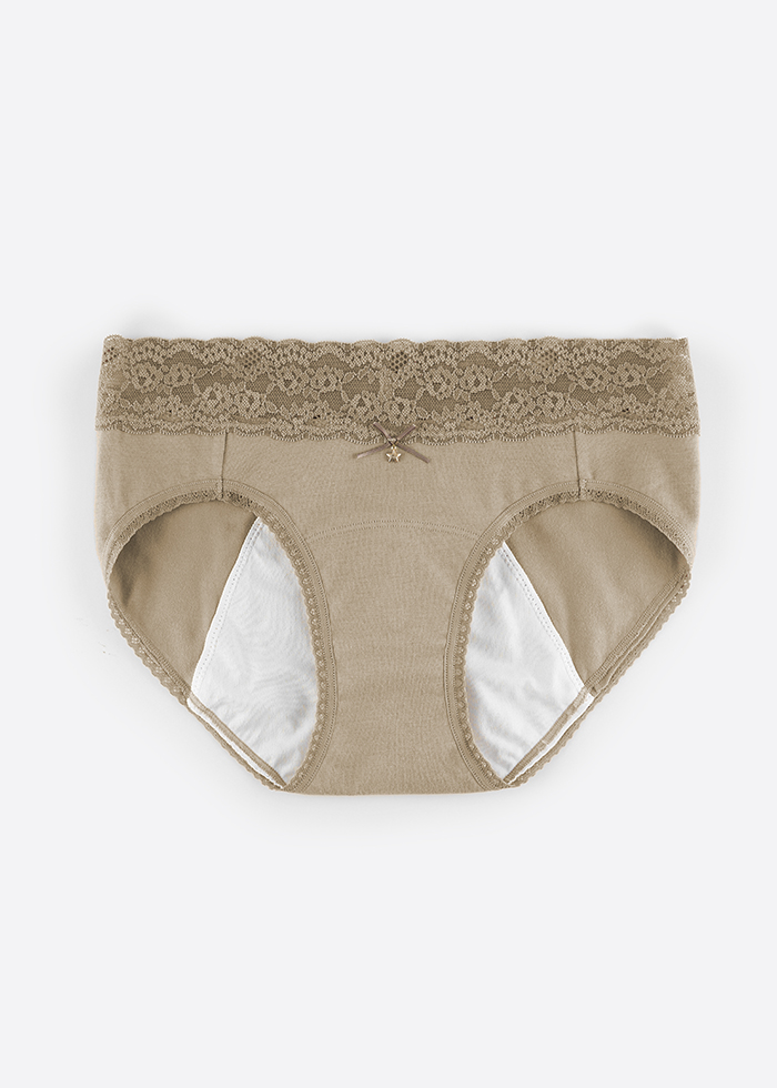 Solar System．Mid Rise Cotton Lace Waist Period Brief Panty（Light Taupe-Star Charm）