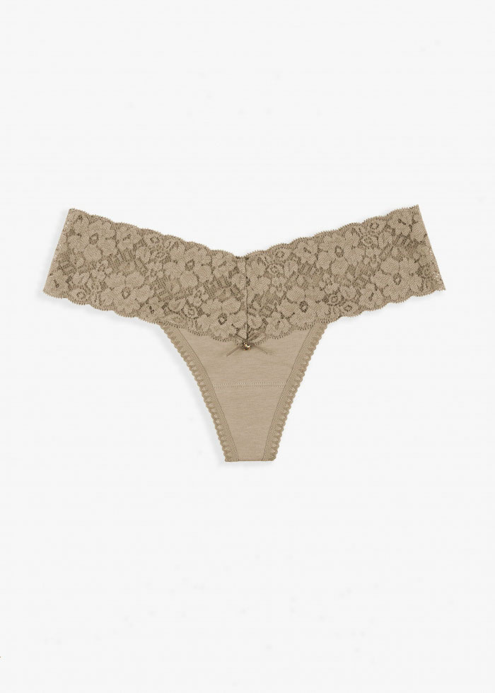 Hidden Star．Low Rise Cotton V Lace Waist Thong Panty（Light Taupe-Star Charm）